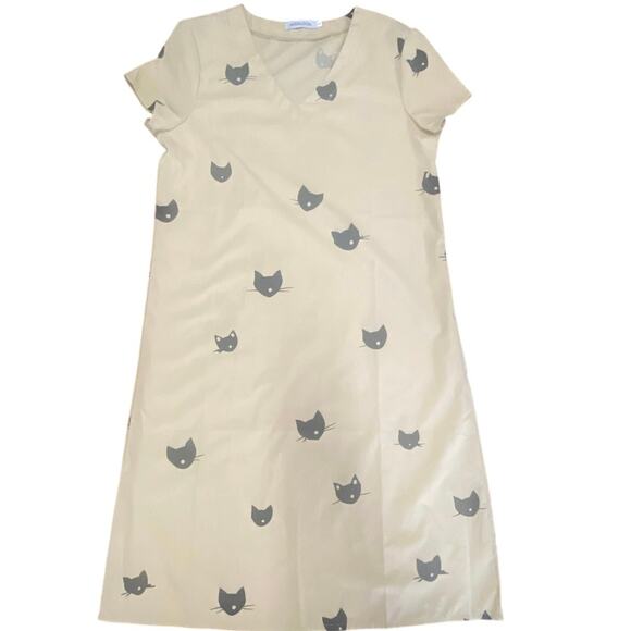 Misslook Cat Print Dress Beige Short Sleeve V-Neck Size L - Picture 1 of 4